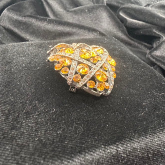 Silver Tone Orange Rhinestone Strawberry Brooch Crystal Leaf Fruit Pin