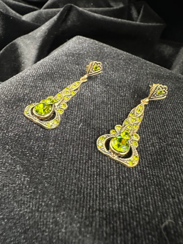 Gold Tone Green Crystal Drop Earrings Art Deco Style Peridot Rhinestone Dangle Vintage Statement Jewelry