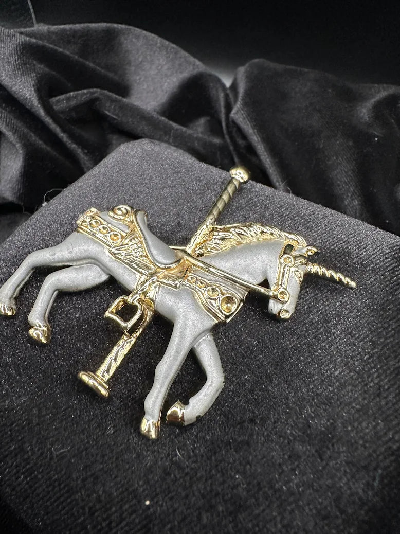 Vintage Enamel Carousel Unicorn Brooch Gray Gold Tone Rhinestone Saddle Fantasy Horse Pin