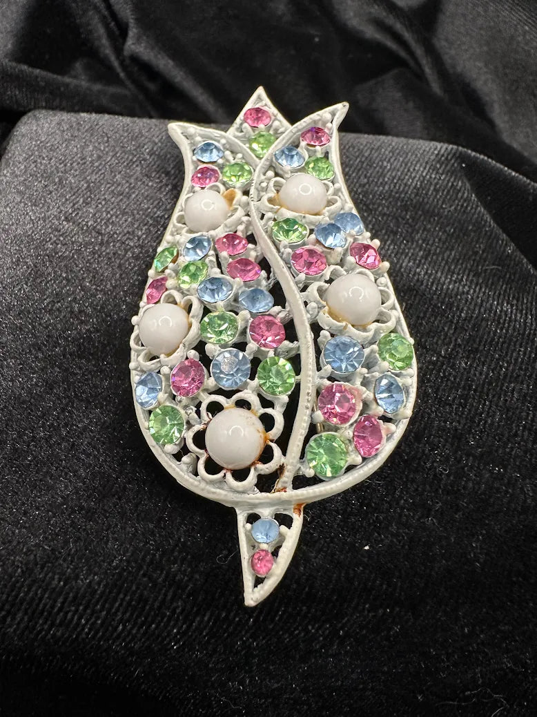 White Enamel Tulip Brooch Pastel Rhinestone Floral Pin