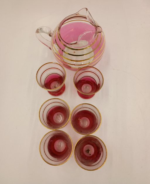 Macbeth Evans Pink Glass Pitcher Set Gold Stripe 6 Glasses Vintage Depression Era