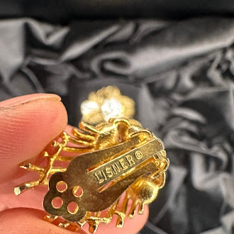 Lisner Gold Tone Rhinestone Floral Spray Brooch and Clip On Earrings Set Vintage Costume Jewelry