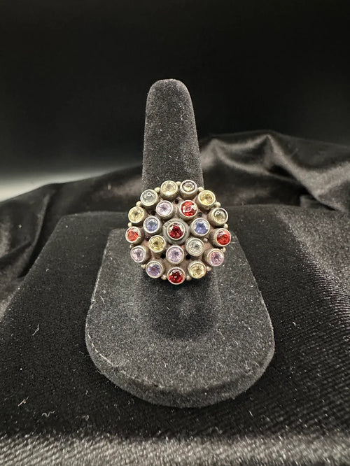 925 Sterling Silver Multistone Statement Ring Amethyst Citrine Garnet Cluster Size 7