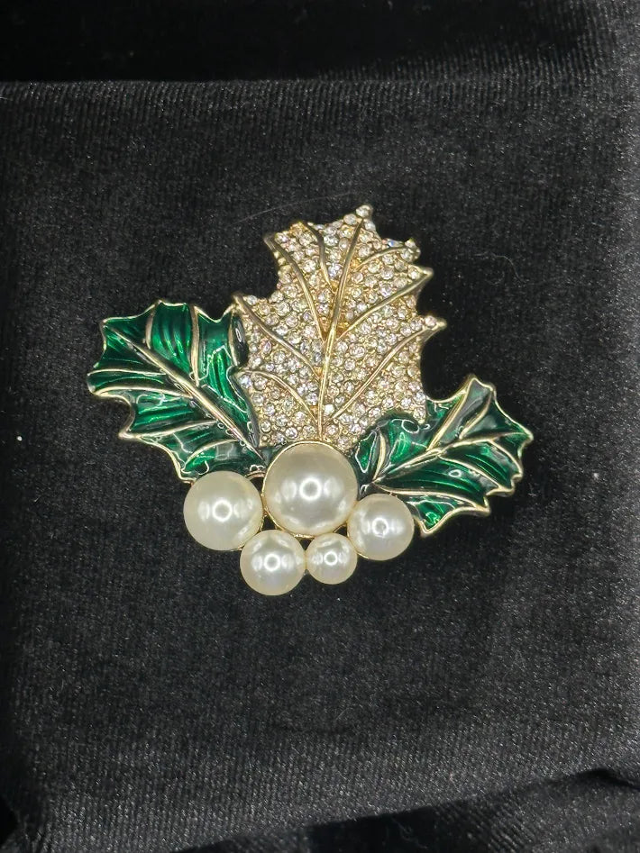 Vintage Holly Leaf Brooch by Givenchy Gold Tone Rhinestone Enamel Pearl Christmas Pin