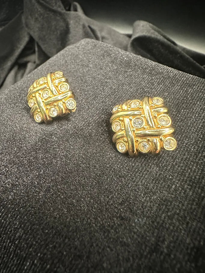 Swarovski Gold Tone Crystal Basketweave Clip Earrings | Signed Designer Statement Earrings