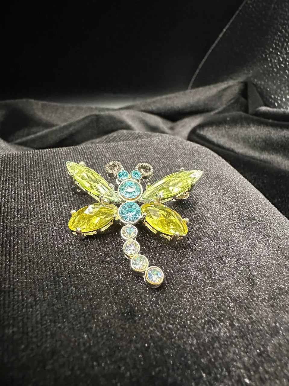 Silver Tone Blue and Green Crystal Dragonfly Brooch