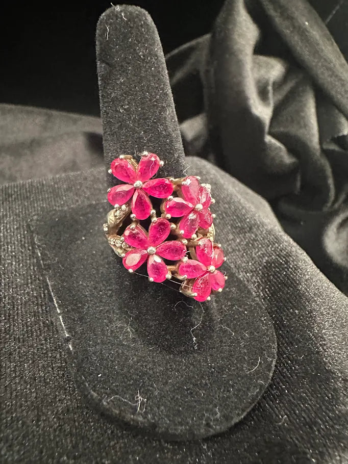 Ruby Floral 925 Sterling Silver Ring | Pink Red Stone Flower Cluster Ring