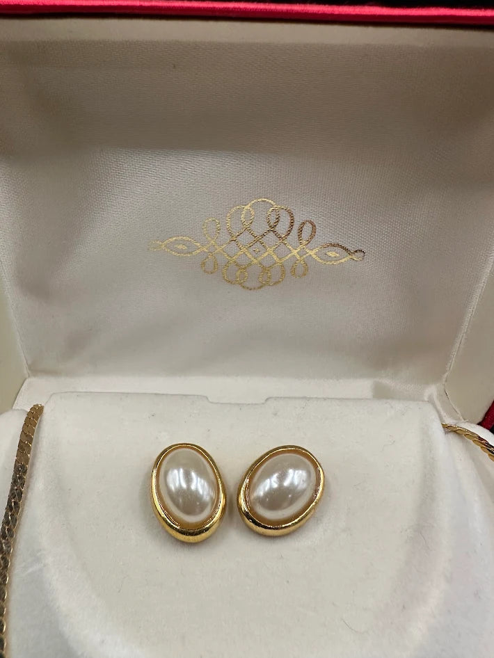 Gold Tone Faux Pearl Necklace and Earring Set With Original Box