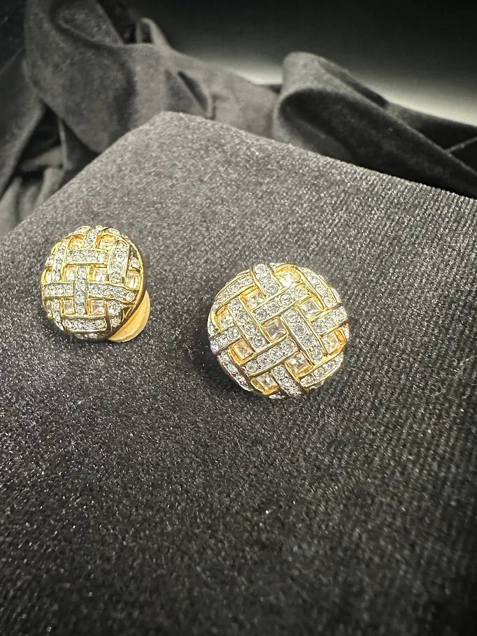 Swarovski Gold Tone Crystal Basketweave Clip Earrings | Signed Designer Statement Earrings