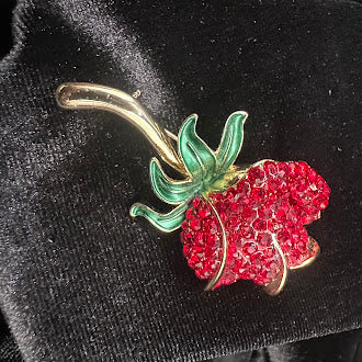 Vintage Monet Gold-Tone Red Rhinestone Rose Brooch with Green Enamel Leaves