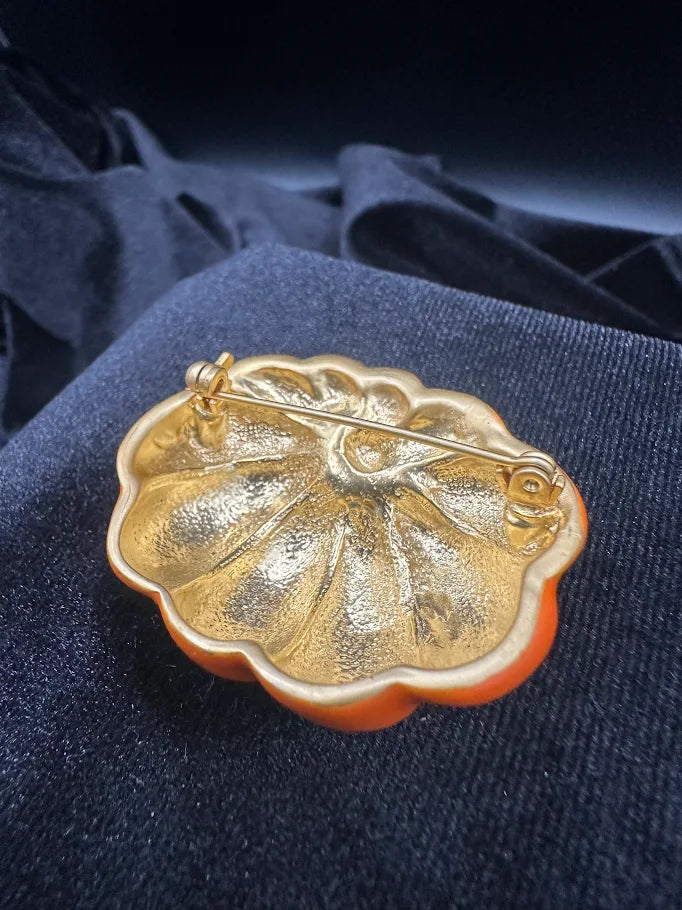 Gold Tone Orange Pumpkin Brooch | Autumn Harvest Statement Pin