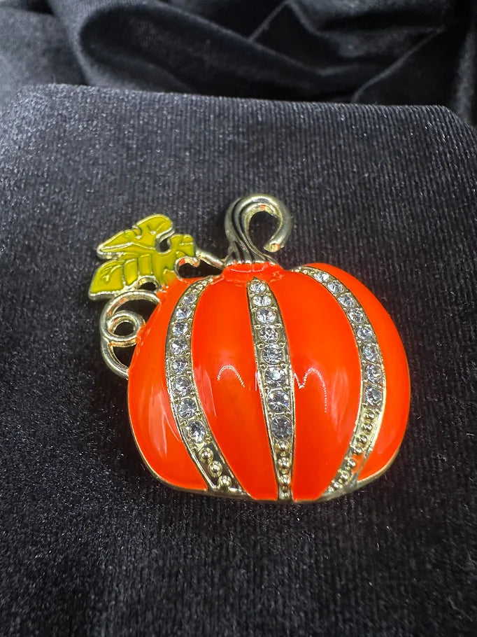 Gold Tone Orange Pumpkin Brooch with Rhinestone Stripes | Autumn Harvest Statement Pin