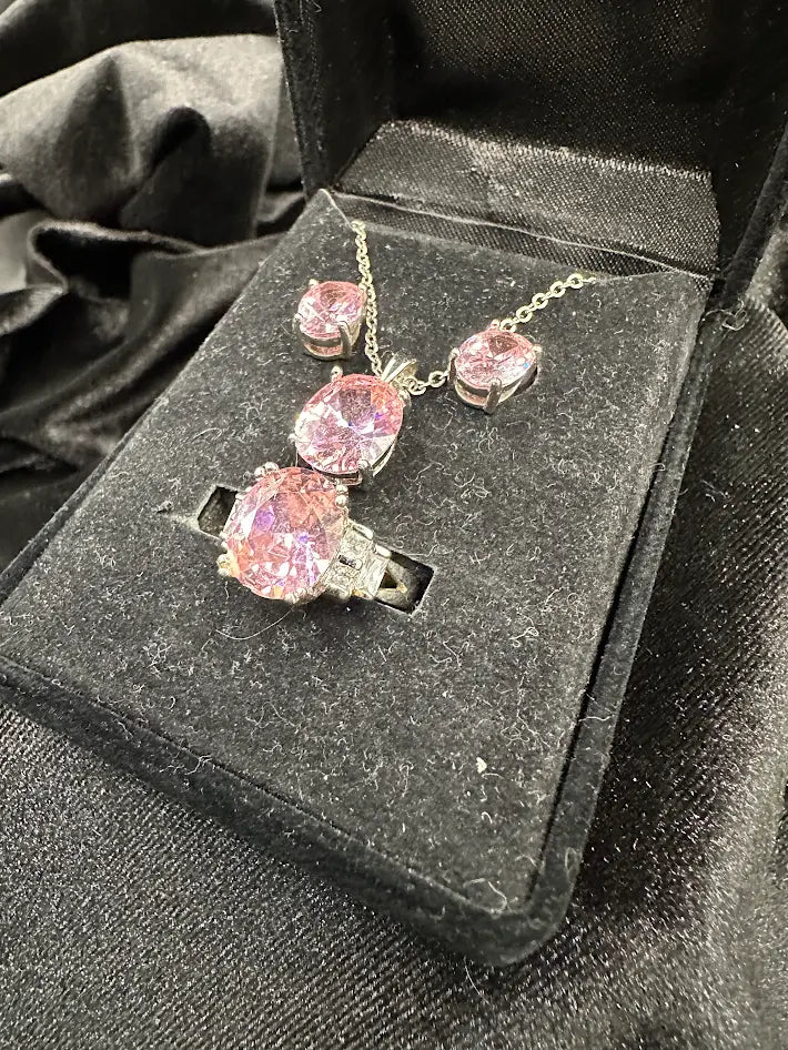 Silver Tone Pink Crystal Necklace and Ring Set With Original Box