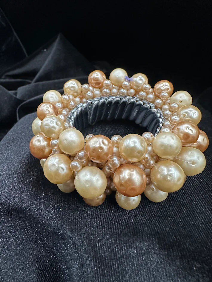 Faux Pearl Cluster Bracelet Champagne Ivory Beaded Stretch Statement Bracelet Bold Textured Bubble Jewelry
