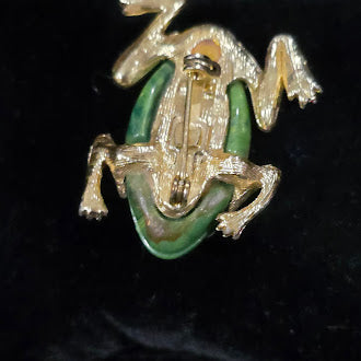 Jelly Belly Frog Brooch Green Lucite Style Body Pin with Rhinestones Gold Tone Legs and Feet Novelty Animal Jewelry Safety Clasp