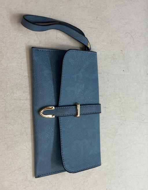 Blue Pebbled Faux Leather Tote & Matching Wristlet Clutch Set, Structured Shoulder Bag and Wristlett