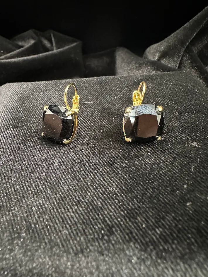 Black Faceted Cushion Cut Drop Earrings Gold Tone Obsidian Style Crystal Dangle Statement