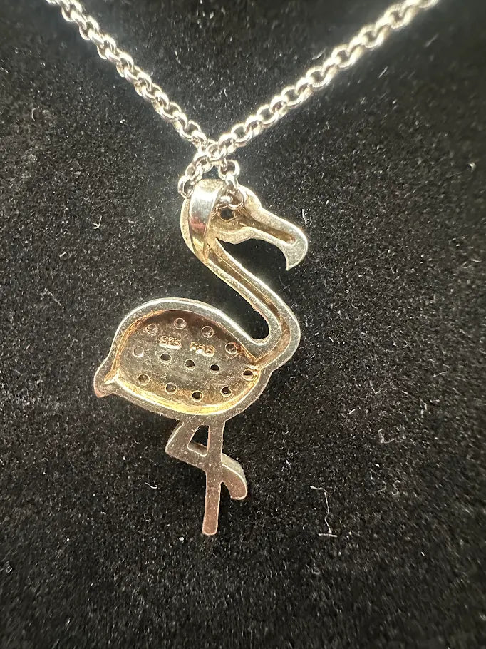 Sterling Silver 925 Pink Flamingo Pendant Necklace
