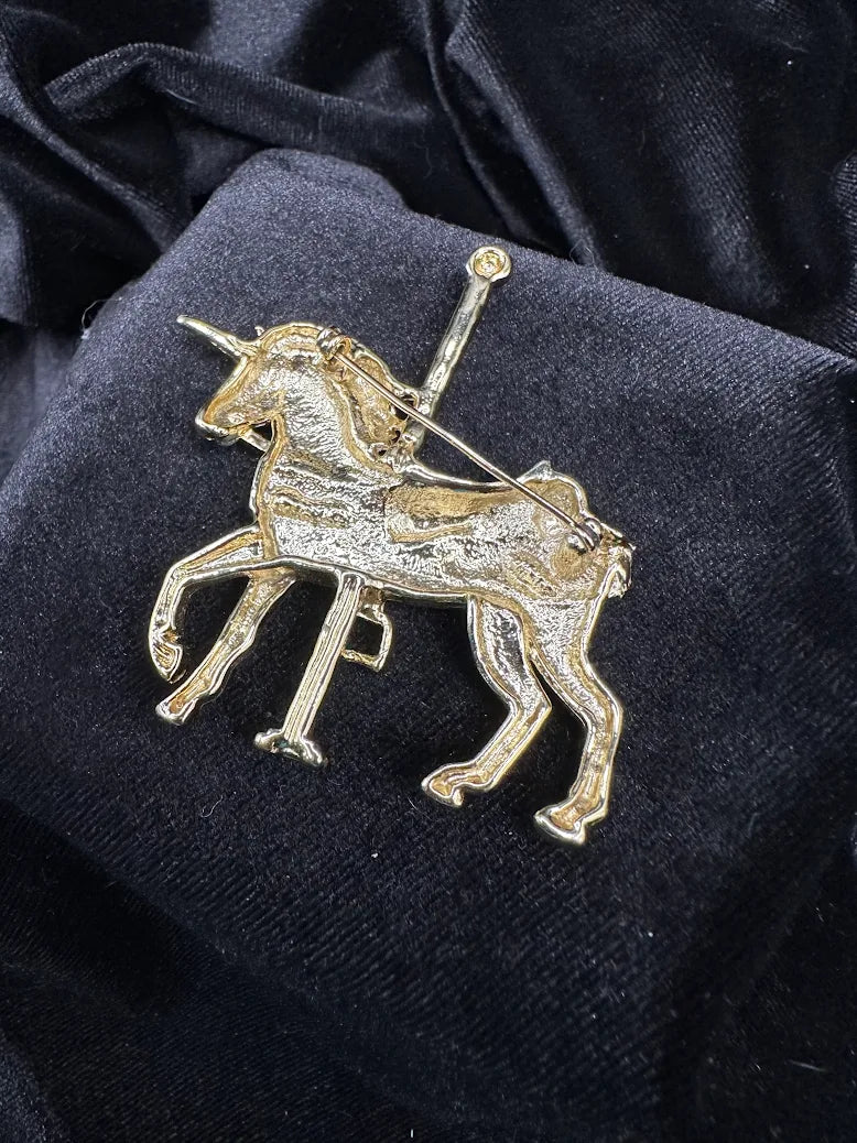 Vintage Enamel Carousel Unicorn Brooch Gray Gold Tone Rhinestone Saddle Fantasy Horse Pin