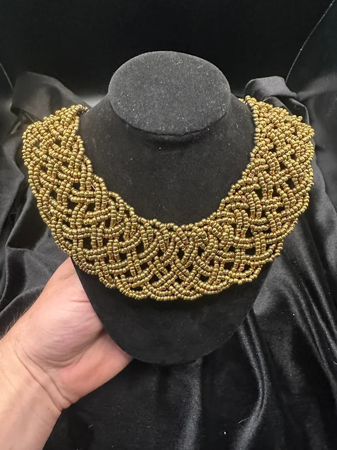 Gold Tone Beaded Bib Collar Necklace with Woven Design