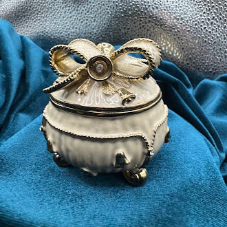 Enamel Gift Box Magnetic Trinket Box Ivory Finish Bow Lid Crystal Accent