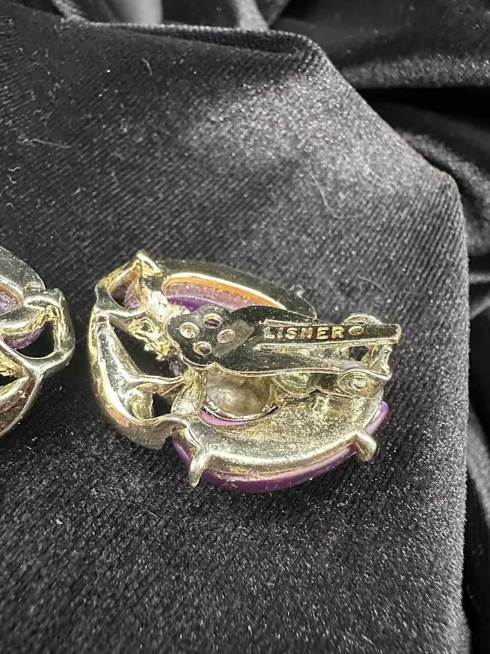 Vintage Lisner Purple Enamel Floral Clip Earrings Gold Tone Retro Mid Century