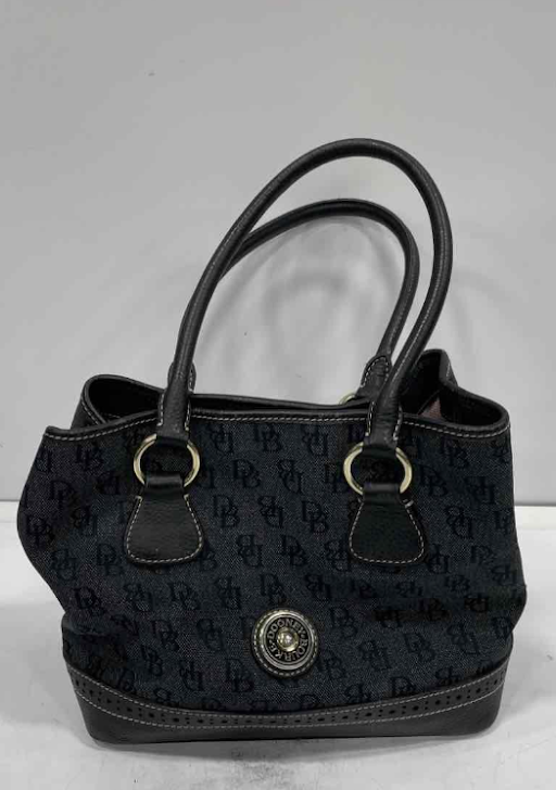 Dooney & Bourke Black Denim Logo Shoulder Bag Leather Trim DB Monogram Tote Purse