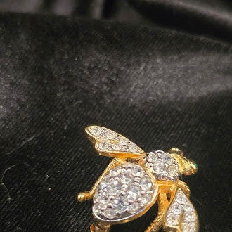 Signed Joan Rivers Gold Tone Pavé Crystal Bee Brooch with Green Rhinestone Eyes, Designer Insect Pin