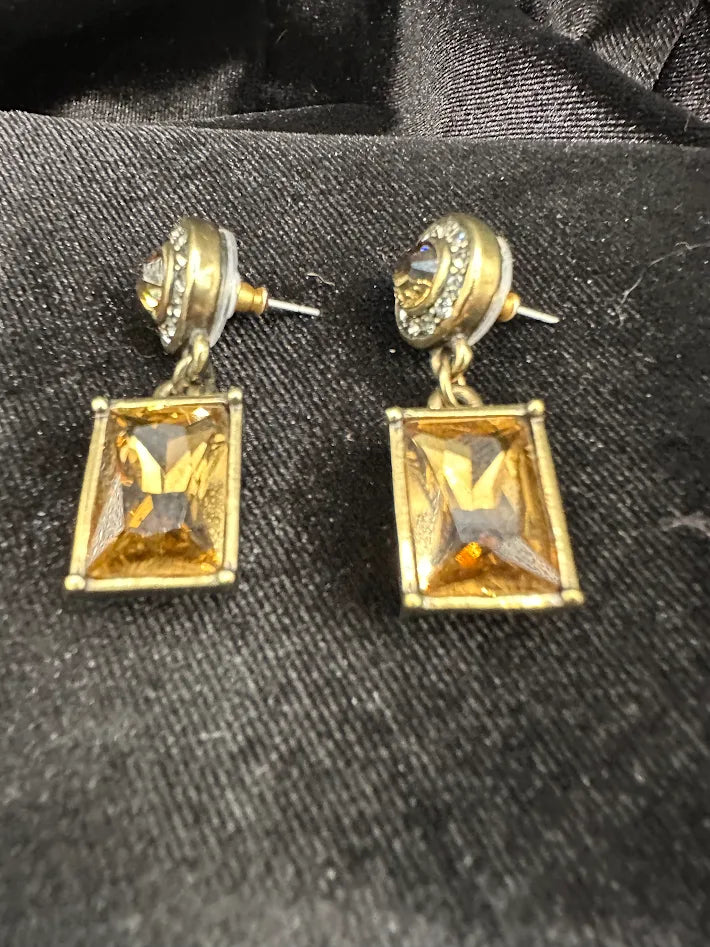 Heidi Daus Crystal Drop Earrings Gold Tone Rectangular Dangle Statement Designer Rhinestone