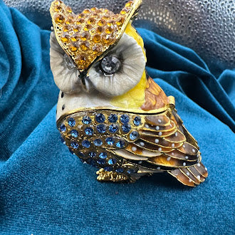 Rhinestone Owl Magnetic Trinket Box Enamel Finish Blue and Amber Crystal Detail