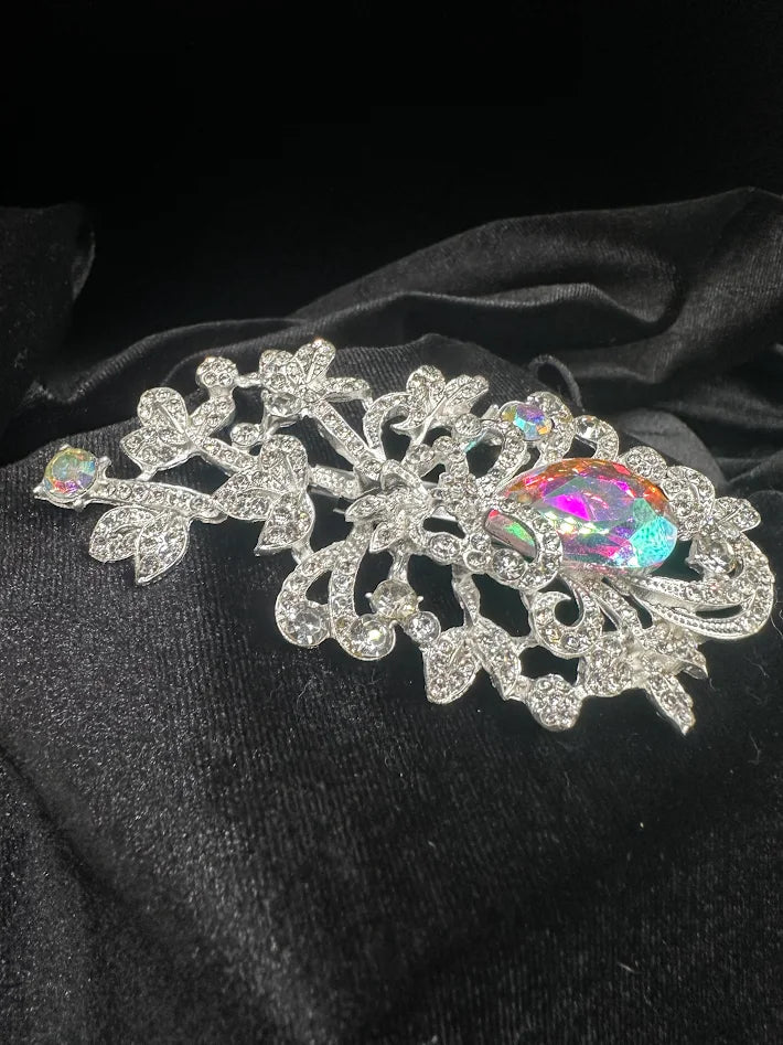 Large Iridescent Crystal Statement Brooch Silver Tone Filigree Vintage Style Art Glass Rhinestone Pin