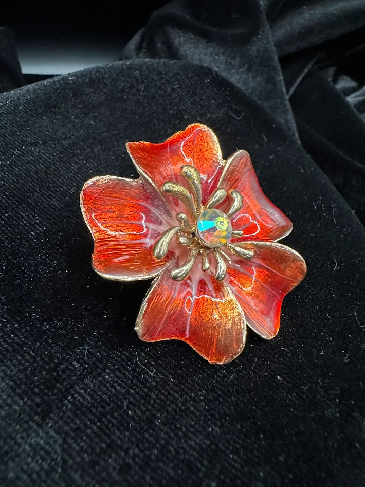 Large Red Enamel Flower Brooch Aurora Borealis Crystal Center Gold Tone Floral Pin Statement