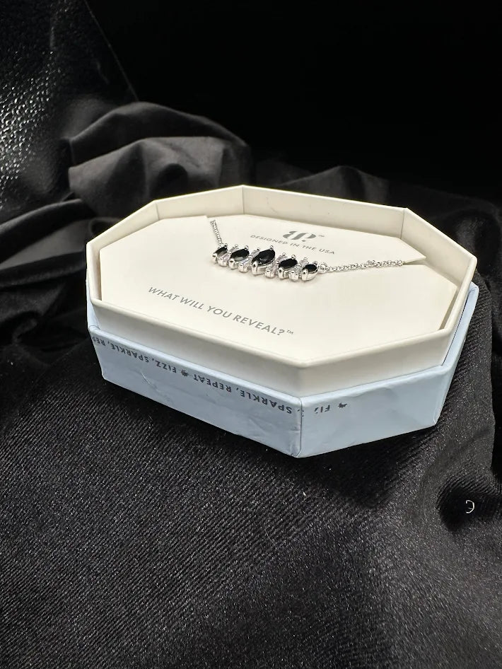 BP Black and Clear Crystal Bar Necklace Silver Tone Minimal Statement With Box