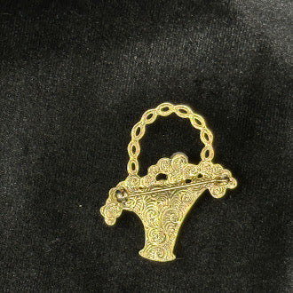 Gold tone faux pearl brooch trio; basket w flowers, wreath and purse with pearl flowers vintage set