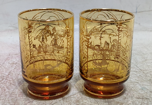 Amber Glass Decanter Set with Gold Trim and Etched Design, 6-Piece Vintage Whiskey Set with Glasses