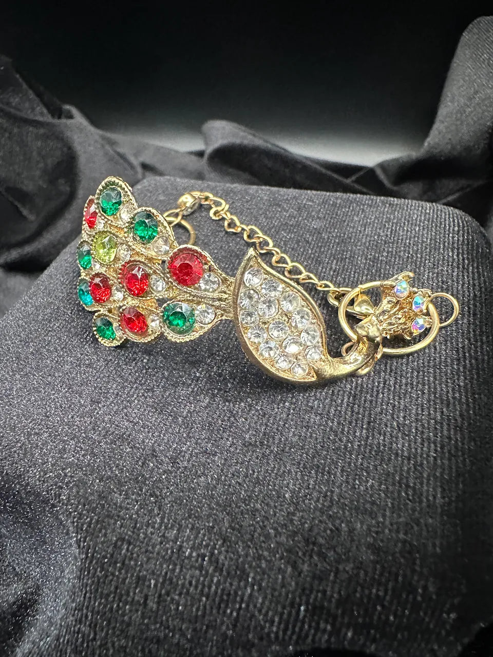 Gold Tone Multicolor Crystal Peacock Hand Bracelet | Ring-to-Bracelet Statement Jewelry