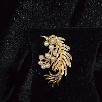 Vintage Crown Trifari Gold Tone Leaf Spray Brooch with Faux Pearl Cluster | Signed Botanical Fern Pin