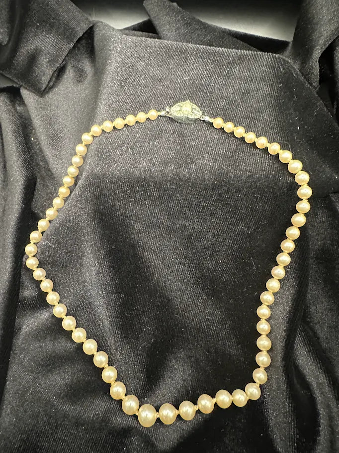 Gold Tone Cream Pearl Style Necklace with Crystal Accent Clasp