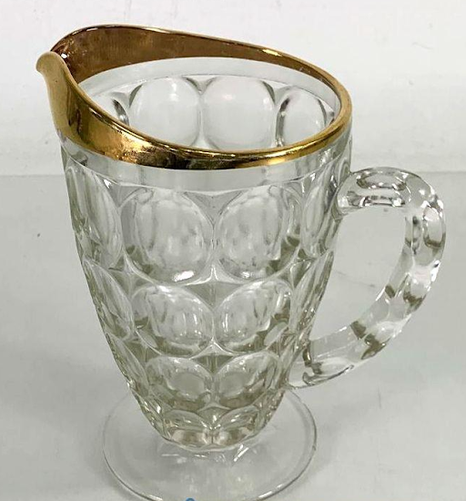 Jeannette Thumbprint Glass Beverage Set Gold Rim Pitcher Glasses Tray Vintage