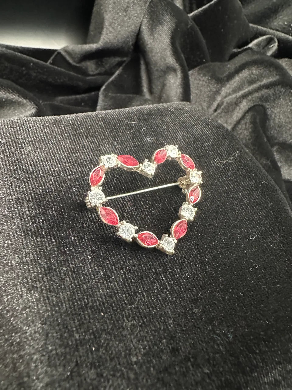 Vintage Silver Tone Pink Crystal Heart Brooch with Rhinestone Accents