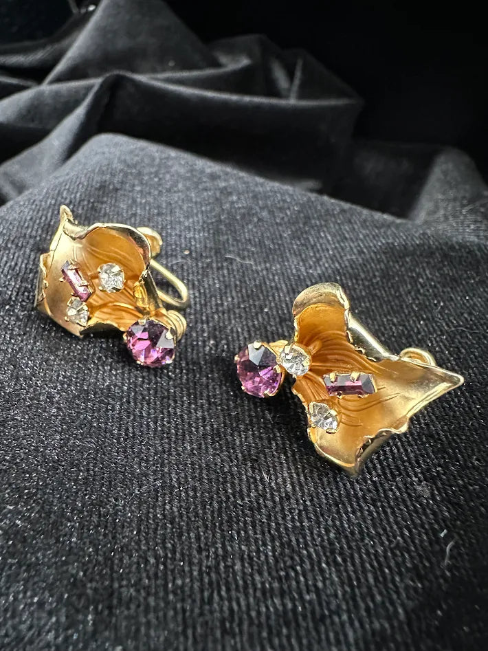 Walter Lampl Orchid Earrings 12K Gold Filled Purple Rhinestone Screw Back Vintage WL Floral