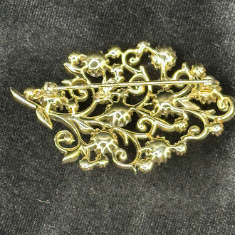 Gold Tone Aurora Borealis Rhinestone Floral Spray Brooch Filigree Scroll Pin Multicolor Crystals