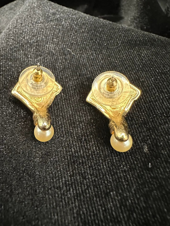 Swarovski Crystal Faux Pearl Drop Earrings Gold Tone Geometric Dangle Vintage Signed