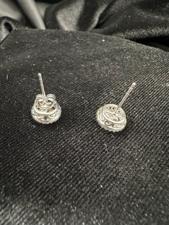 Vintage 925 Sterling Silver CZ Halo Stud Earrings Round Cubic Zirconia Classic Minimalist Bridal