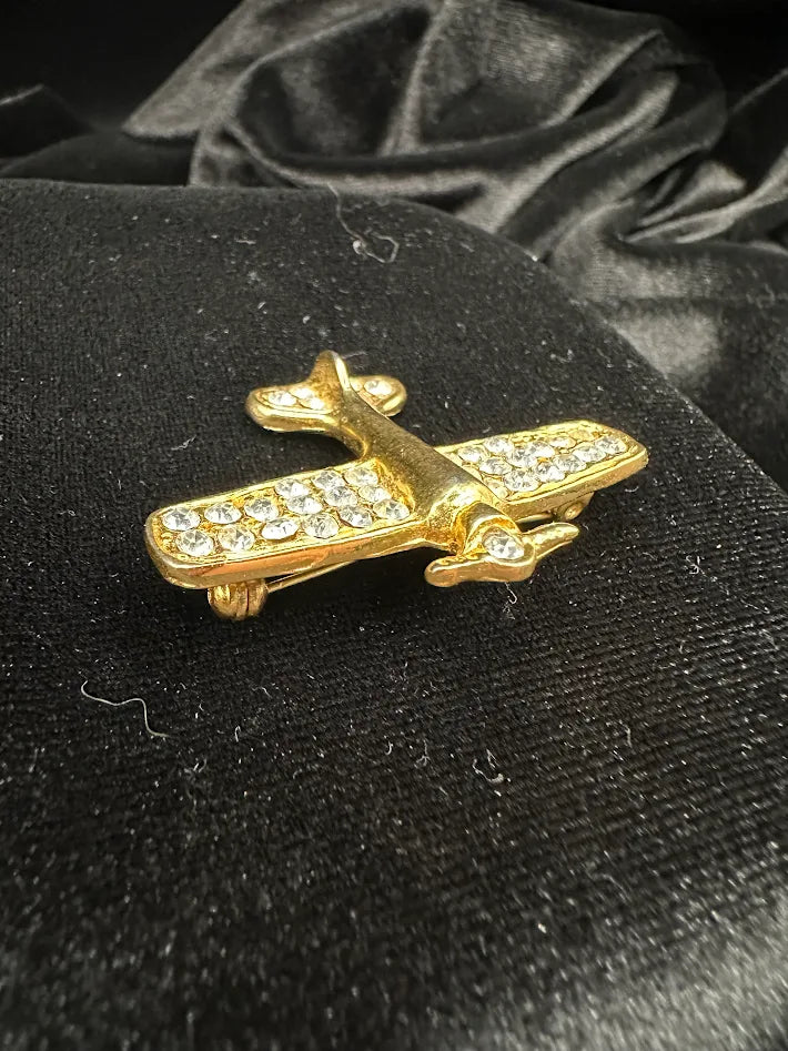 Gold Tone Rhinestone Airplane Brooch | Crystal Plane Pin Aviation Jewelry