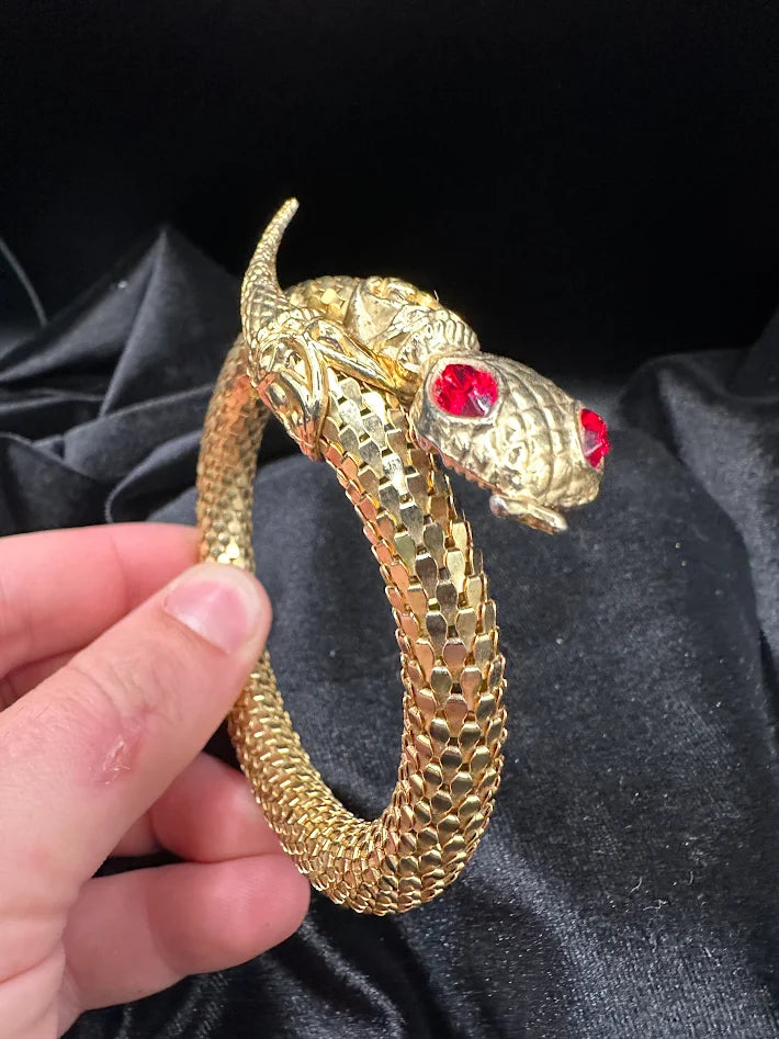 Gold Tone Snake Bracelet Red Crystal Eye Serpent Wrap Bangle Textured Scale Statement Jewelry