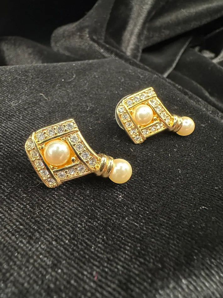 Swarovski Crystal Faux Pearl Drop Earrings Gold Tone Geometric Dangle Vintage Signed