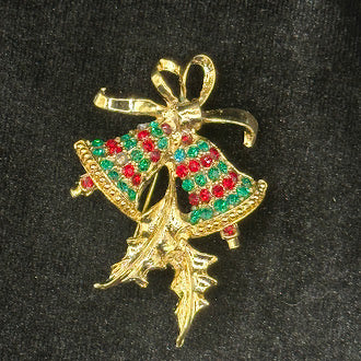 Vintage Christmas Bells Brooch with Red and Green Rhinestones