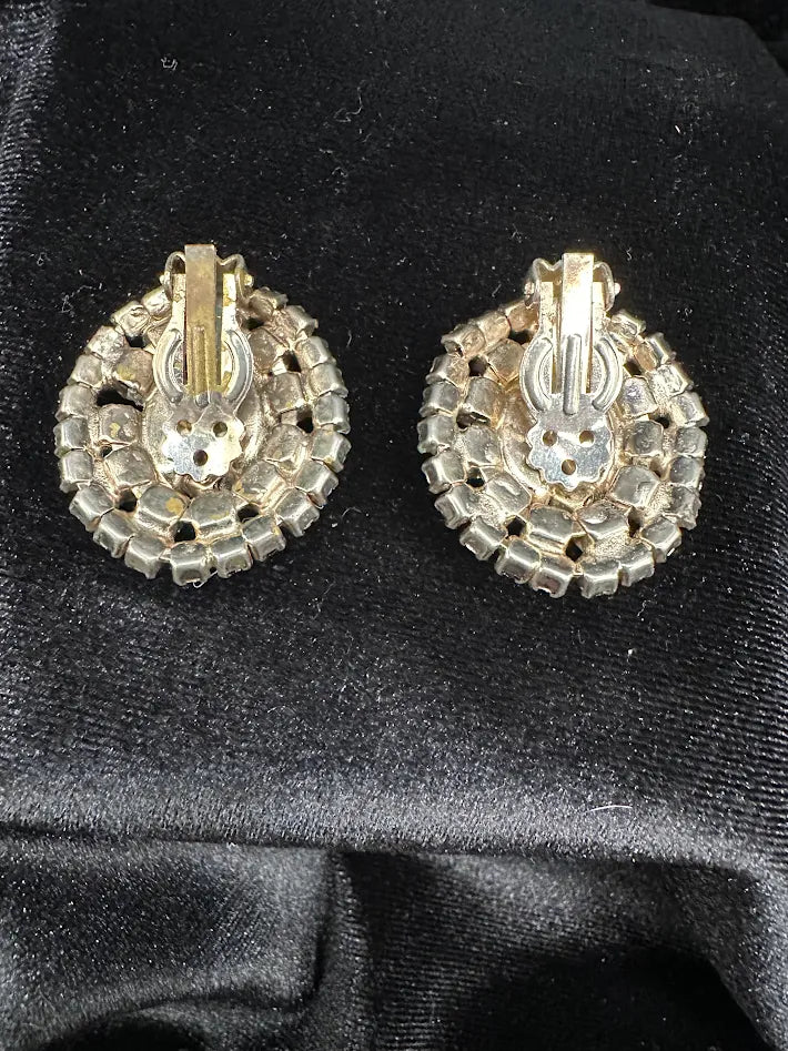 Gold Tone Red Marquise Crystal Cluster Clip Earrings Aurora Borealis Rhinestone Halo Vintage Statement Jewelry