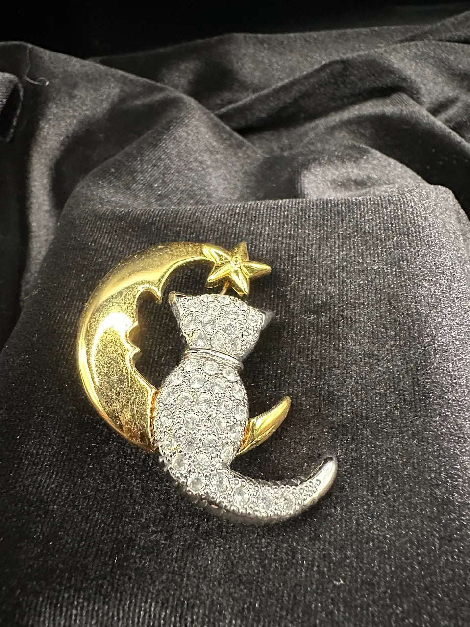 Two Tone Crystal Cat Moon Brooch